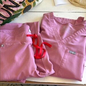 Figs pink Scrub Set with Red Accents